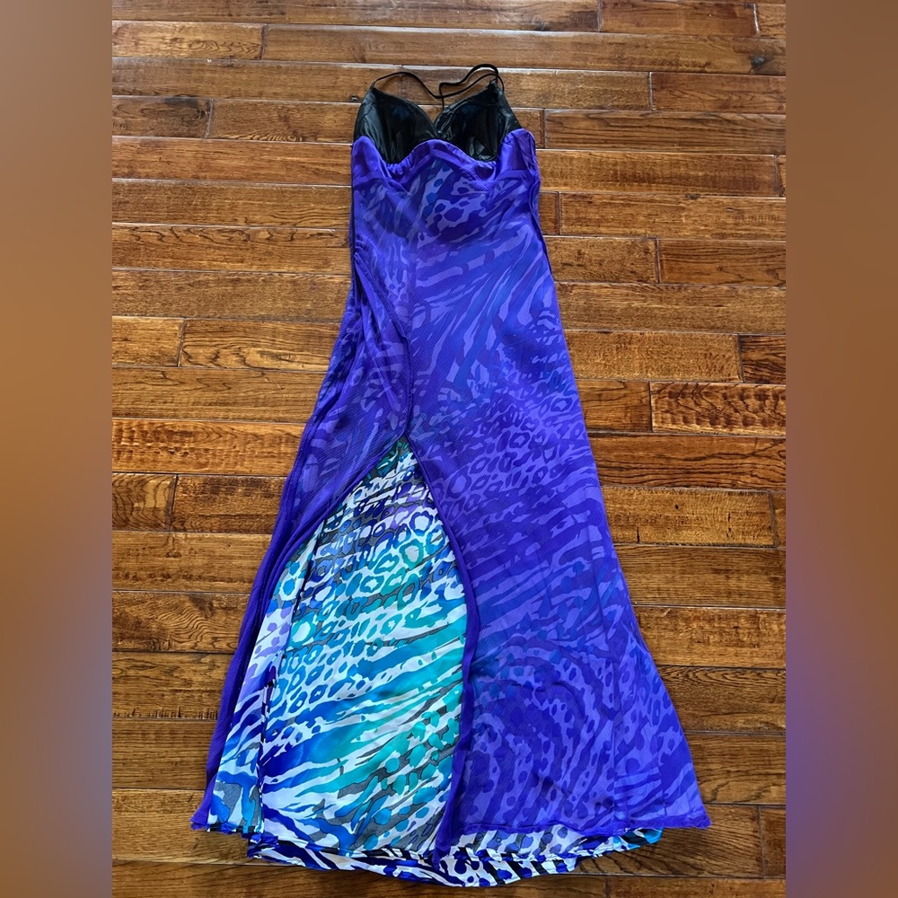 Cache Dress Maxi Satin Teal Abstract Print Purple Size 8 - Picture 9 of 16